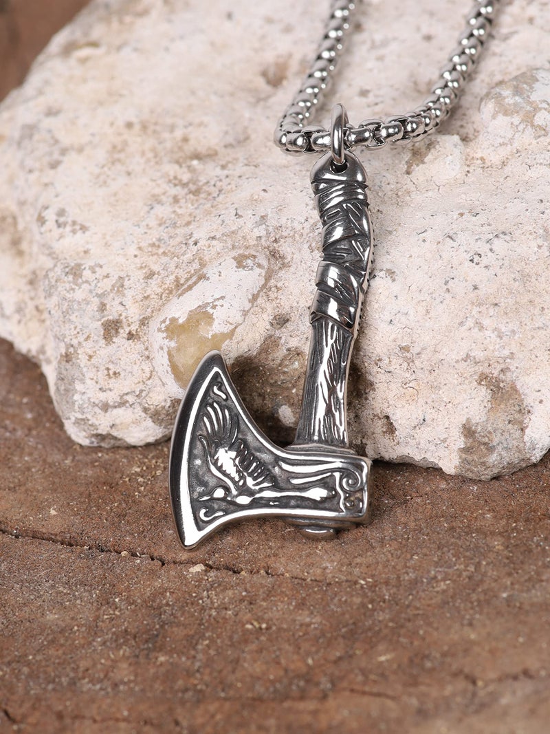 HAQUIL Viking Battle Axe Necklace, Stainless Steel Wolf Raven Axe Amulet Pendant, Box Chain, Viking Jewelry Gift - Image 3